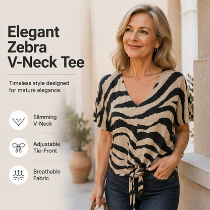 🔥Top-Auswahl🔥 Damen-T-Shirt mit V-Ausschnitt und Bindeband vorne im Zebra-Muster