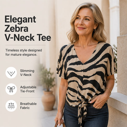 🔥Top-Auswahl🔥 Damen-T-Shirt mit V-Ausschnitt und Bindeband vorne im Zebra-Muster