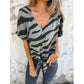 🔥Top-Auswahl🔥 Damen-T-Shirt mit V-Ausschnitt und Bindeband vorne im Zebra-Muster