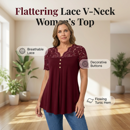 Top-bewertet ⭐Damen Spitzen-V-Ausschnitt Kurzarm-Top