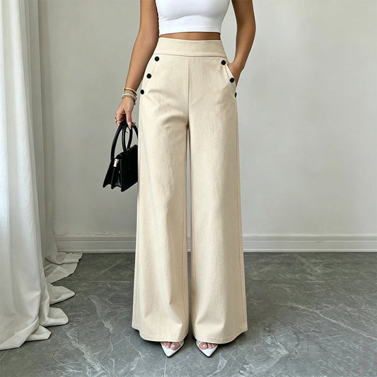Aktueller Trend⭐👖✨ Hoch taillierte Hose mit weitem Bein und seitlichen Knöpfen – schmeichelhafte Silhouette und einzigartiges Detail für einen lässigen Look