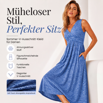 🌸👗Neuheiten – Ärmelloses Midikleid mit V-Ausschnitt – Atmungsaktiver Tragekomfort und schmeichelhafte Silhouette für alle Figurtypen