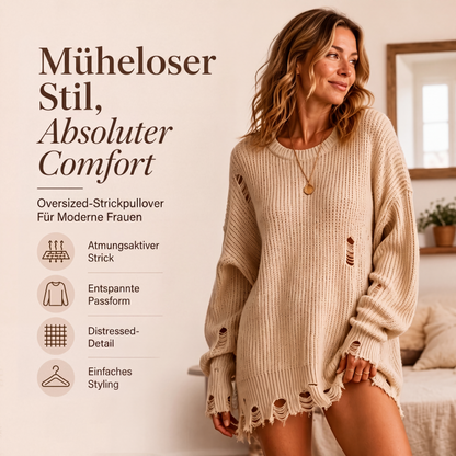 Damen Oversize-Pullover mit Rundhalsausschnitt im Used-Look