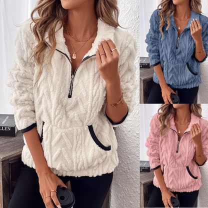 Flauschiges Sweatshirt mit Halbreißverschluss und Tasche