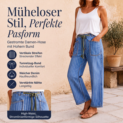 Vertikal gestreifte elastische Denim-Hosen für Damen