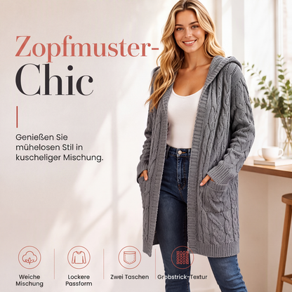 Lange Strick-Cardigan mit Kapuze und Taschen für Damen