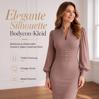 Elegantes figurbetontes Damenkleid mit V-Ausschnitt und Bischofsärmeln