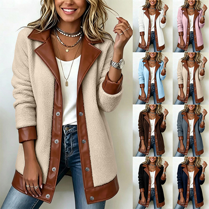🧥🌸 Jetzt im Trend –Damen Plüschjacke mit Revers und Patchwork-Design