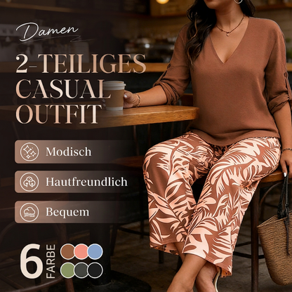 Damen-Set aus V-Ausschnitt-Bluse und bedruckter Weithose