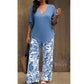 Damen-Set aus V-Ausschnitt-Bluse und bedruckter Weithose