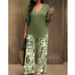 Damen-Set aus V-Ausschnitt-Bluse und bedruckter Weithose