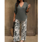 Damen-Set aus V-Ausschnitt-Bluse und bedruckter Weithose