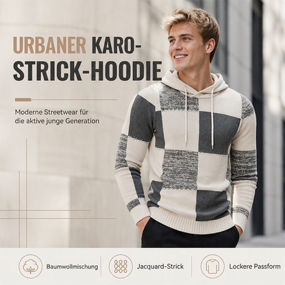 Herren-Casual-Kapuzenstrickpullover mit karierten Patchwork-Elementen
