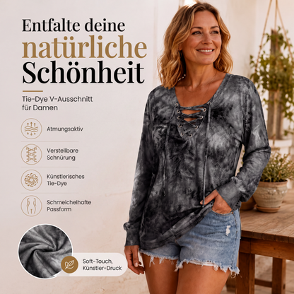 📢📢50% Rabatt!!! 🎉✨ Damen-Oberteil mit Batikmuster & Schnürung am V-Ausschnitt