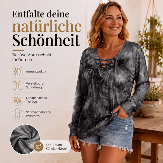 📢📢50% Rabatt!!! 🎉✨ Damen-Oberteil mit Batikmuster & Schnürung am V-Ausschnitt
