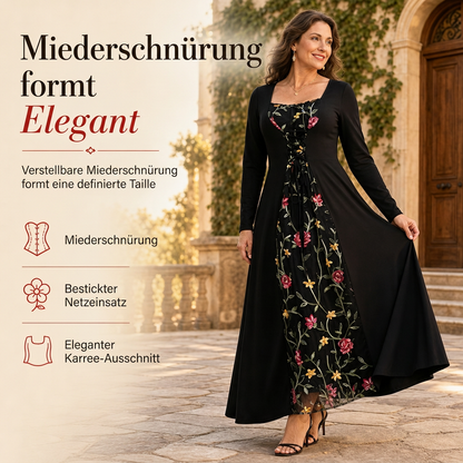 💎✨ Bestseller – Schwarzes langärmeliges Corset-Maxikleid mit quadratischem Ausschnitt, Schnürung und floral besticktem Netzeinsatz