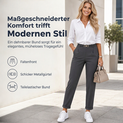 Damen-Faltenhose mit konisch zulaufendem Knöchellang, Gürtel mit doppeltem Metallring-Akzent und halbelastischem Bund