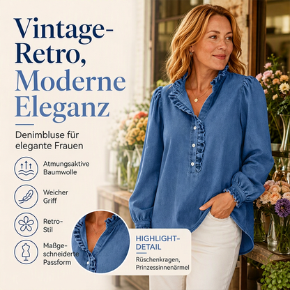 Jeans-Oberteil für Damen mit Rüschenkragen und Puffärmeln