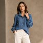 Jeans-Oberteil für Damen mit Rüschenkragen und Puffärmeln