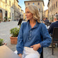 Jeans-Oberteil für Damen mit Rüschenkragen und Puffärmeln