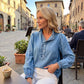 Jeans-Oberteil für Damen mit Rüschenkragen und Puffärmeln