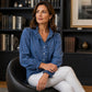 Jeans-Oberteil für Damen mit Rüschenkragen und Puffärmeln