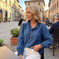Jeans-Oberteil für Damen mit Rüschenkragen und Puffärmeln