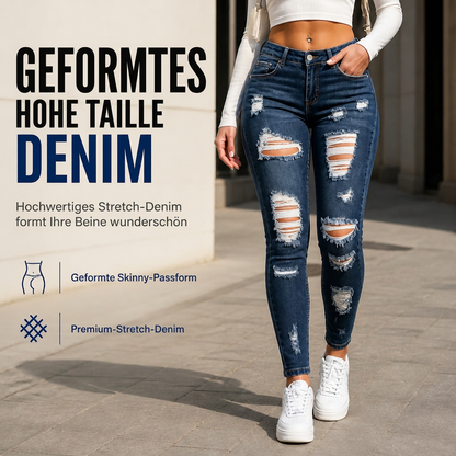 Damen High Waist Ripped Skinny Jeans, Destroyed Dehnbare Denim-Hose
