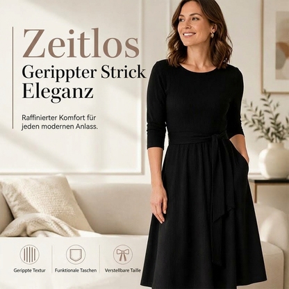 Geripptes A-Linie-Midikleid für Damen mit Rundhalsausschnitt, 3/4-Ärmeln und Taschen