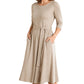 Geripptes A-Linie-Midikleid für Damen mit Rundhalsausschnitt, 3/4-Ärmeln und Taschen