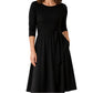 Geripptes A-Linie-Midikleid für Damen mit Rundhalsausschnitt, 3/4-Ärmeln und Taschen