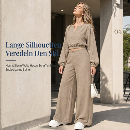 Zweiteiler für Damen: Lässiges V-Ausschnitt-Crop-Top mit Laternenärmeln & Weite Hose mit hoher Taille