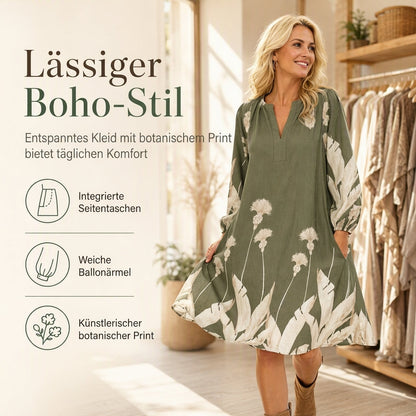 Damen Boho-Kleid aus strukturiertem Krepp – locker, mit Seitentaschen & Botanik-Saum