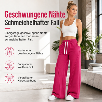 Damen High Waist Weite Bein Jogginghose mit gebogenen Nähten und Taschen