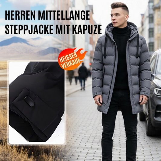 Mittellange Kapuzen-Steppjacke für Herren