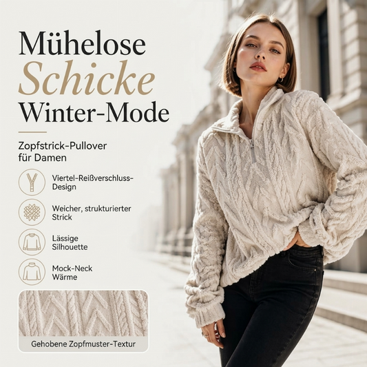 Warmer Damen-Sweatshirt mit Zopfmuster und Viertelreißverschluss