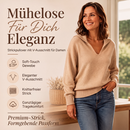 Damen-Strickpullover mit V-Ausschnitt und Reverskragen