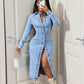 Knielanges Denim-Kleid mit langen Ärmeln und Knopfleiste