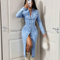 Knielanges Denim-Kleid mit langen Ärmeln und Knopfleiste