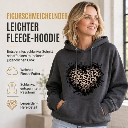 🔥Beliebtes Produkt ！✨Legeres Fleece-Hoodie für Damen mit Leopardenherz-Motiv und Kängurutasche