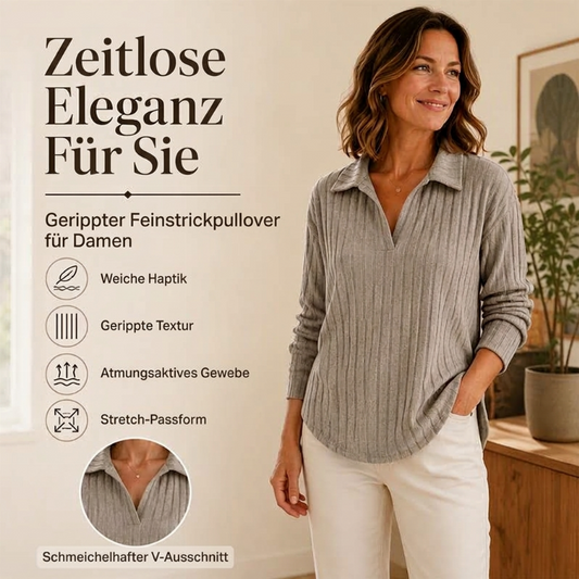 Damen gemütlicher V-Ausschnitt Rippstrick Pullover