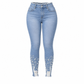 📢📢50%Rabatt!!!🎉✨Damen hellblaue, perlenverzierte Skinny-Jeans mit schmaler Passform, roh ausgefranstem Bund und distressed-Rissen an den Saumbündchen am Knöchel