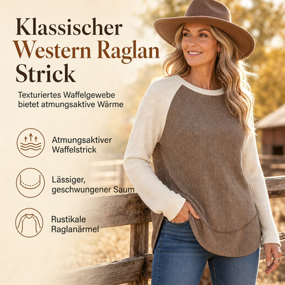 🔥Beliebtes Produkt ！✨Damen Western Ranch-Stil Raglan-Langarm Strickoberteil mit strukturiertem Waffelstrickstoff und gebogener Saumkante