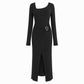 Damen Herbst Winter Einfarbiges Stricktextur Langes Kleid mit Unregelmäßigem Ausschnitt