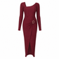 Damen Herbst Winter Einfarbiges Stricktextur Langes Kleid mit Unregelmäßigem Ausschnitt