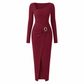 Damen Herbst Winter Einfarbiges Stricktextur Langes Kleid mit Unregelmäßigem Ausschnitt