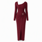 Damen Herbst Winter Einfarbiges Stricktextur Langes Kleid mit Unregelmäßigem Ausschnitt