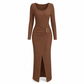 Damen Herbst Winter Einfarbiges Stricktextur Langes Kleid mit Unregelmäßigem Ausschnitt