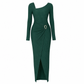 Damen Herbst Winter Einfarbiges Stricktextur Langes Kleid mit Unregelmäßigem Ausschnitt