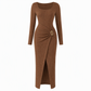Damen Herbst Winter Einfarbiges Stricktextur Langes Kleid mit Unregelmäßigem Ausschnitt